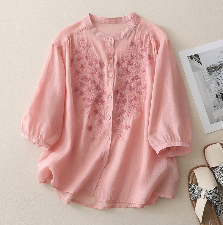 Blush Pink Soft Cotton Top with Delicate Floral Embroidery