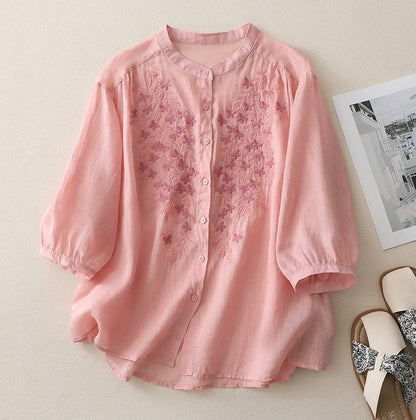 Blush Pink Soft Cotton Top with Delicate Floral Embroidery