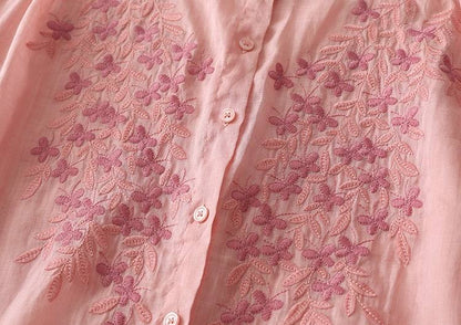 Blush Pink Soft Cotton Top with Delicate Floral Embroidery