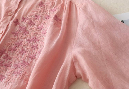 Blush Pink Soft Cotton Top with Delicate Floral Embroidery